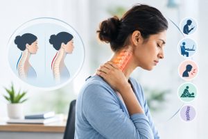 Loss of cervical lordosis (military neck) compared with a normal neck curve, with common causes and treatment options